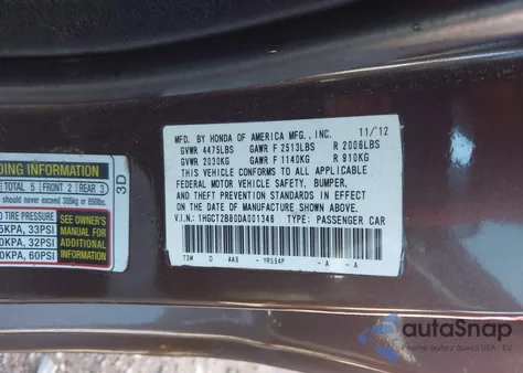 2013 Honda Accord Ex-L V-6 z USA, uszkodzony, nr VIN 1HGCT2B80DA001346